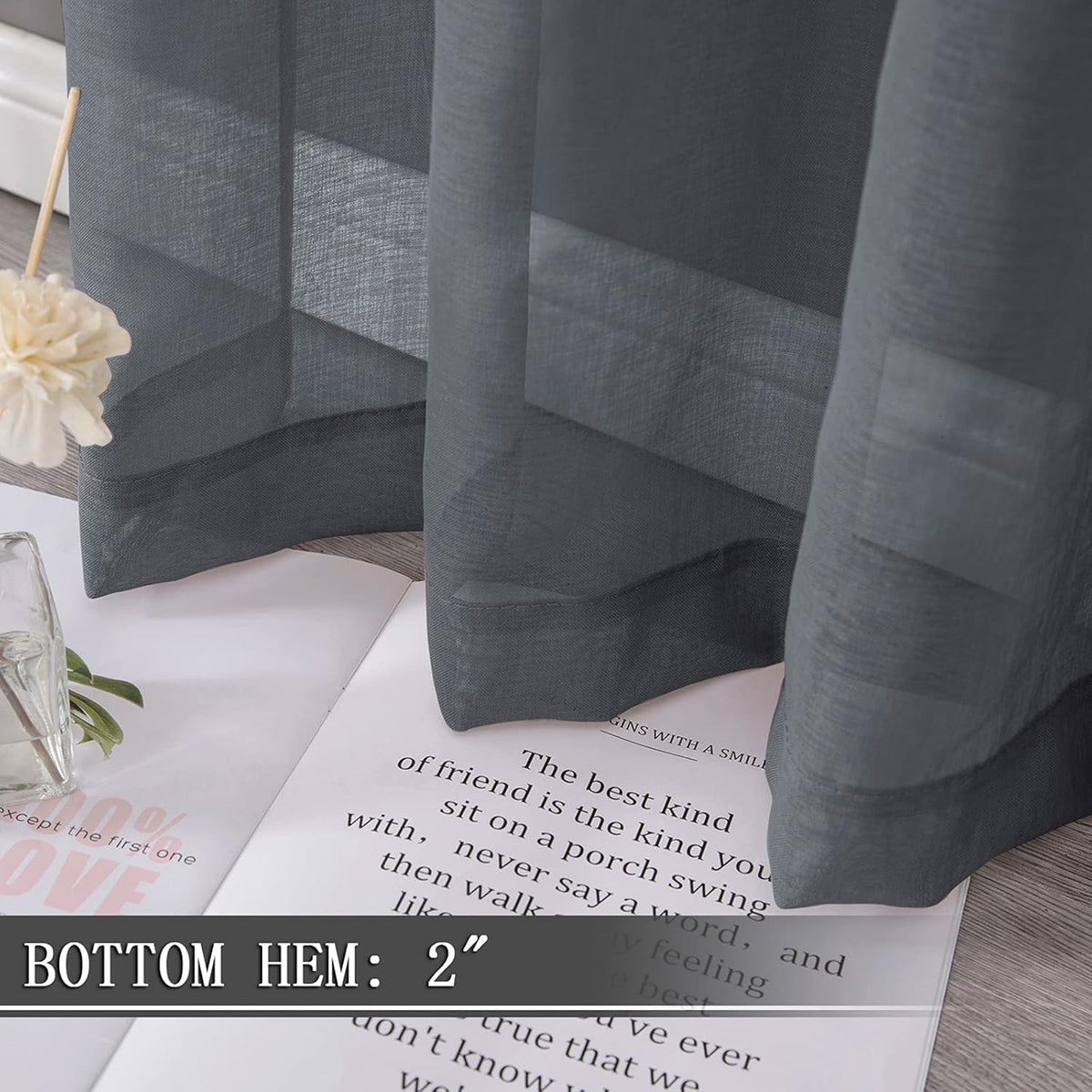 Tollpiz Sheer Tier Curtain Linen Textured Half Kitchen Curtains Sheer Light Filtering Rod Pocket Voile Small Curtains for Bathroom, 25 x 36 inches Long, Dark Grey, Set of 2 Panels