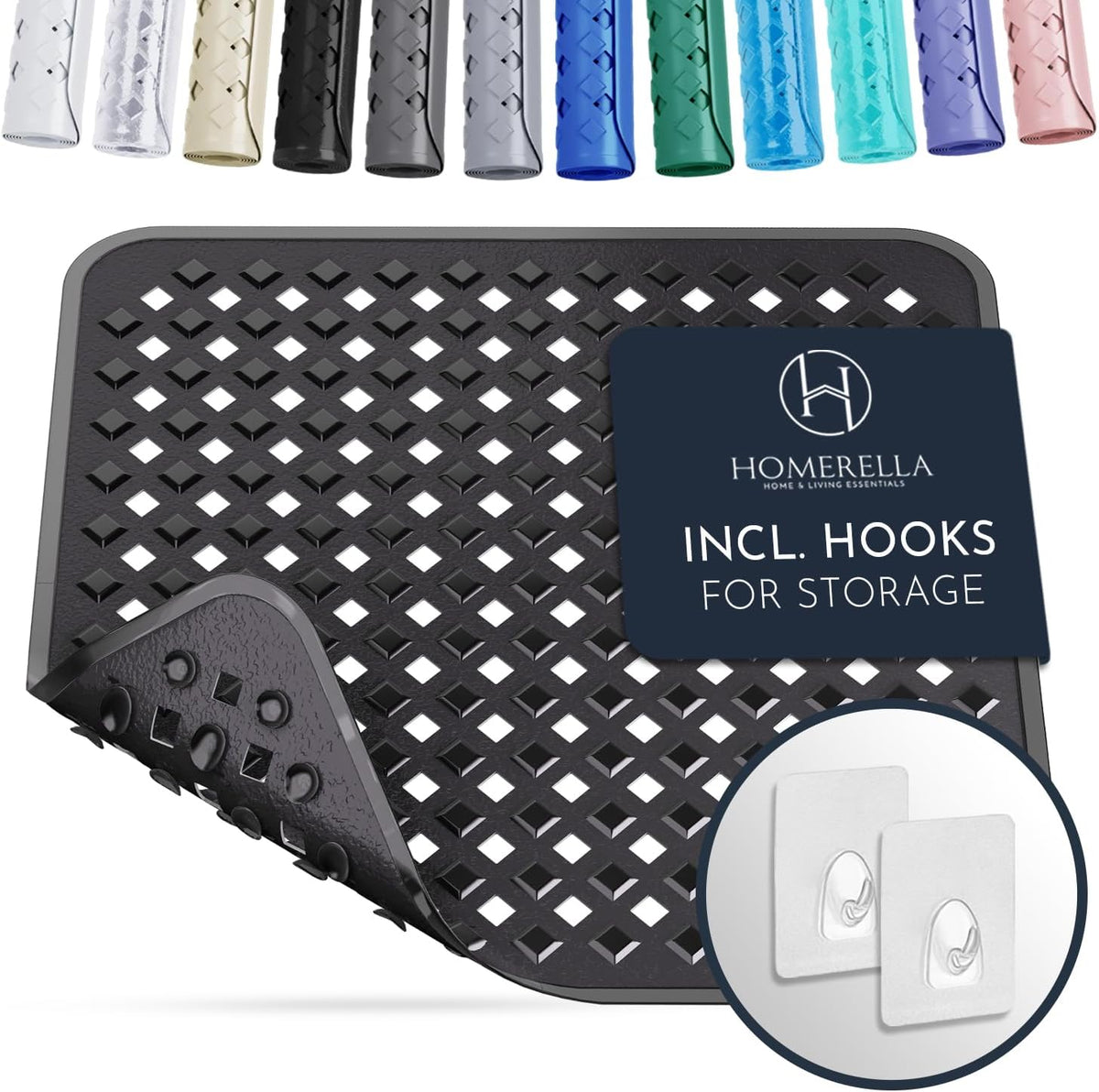 Homerella Anti Slip Shower Mat | Anti Mold Non Slip Bathtub Mat for Inside Shower | Square Floor Shower Mat 21 x 21 inch with Suction Cups for Grip & Hooks Hanging and Quick Drying | Machine Washable