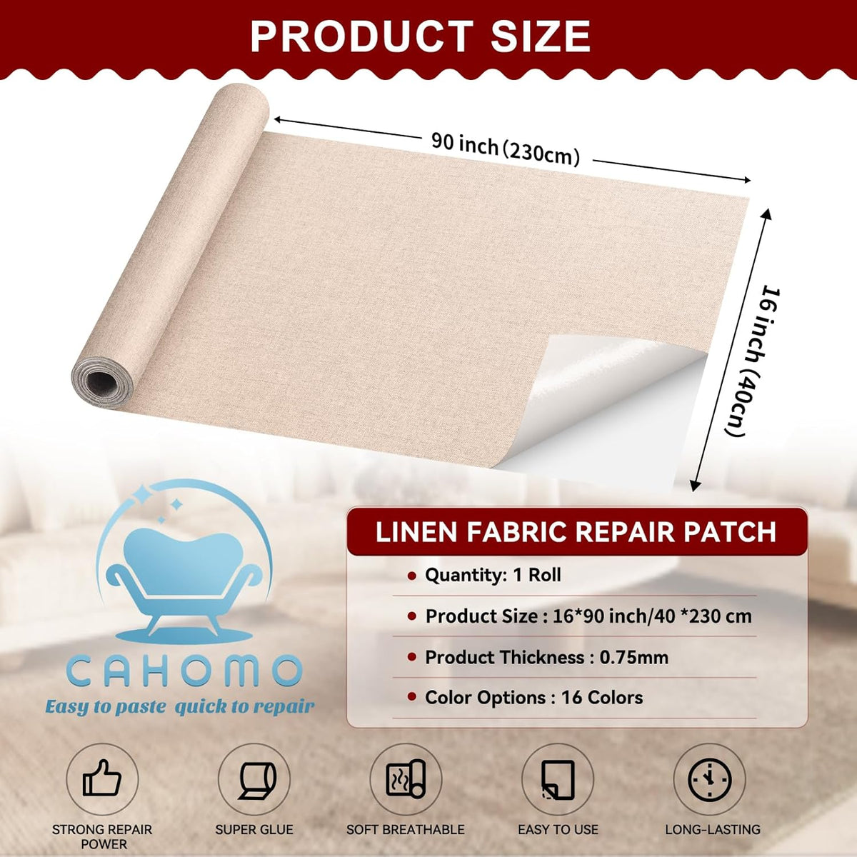 Linen Repair Tape 16x90 inch, Self Adhesive Fabric Patches, Linen Patch Tape Kit, Fabric Repair Tape for Couch Sofas, Headboards, Chairs, Pillows, Curtains, Couches - Dark Beige