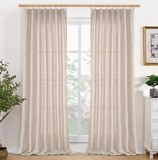 YoungsTex Natural Linen Curtains 95 Inches Long 2 Panels for Bedroom, Semi Sheer Drapes Light Filtering Privacy Floor Length Window Treatments with Pinch Pleated for Living Room, 40 X 95 Inch