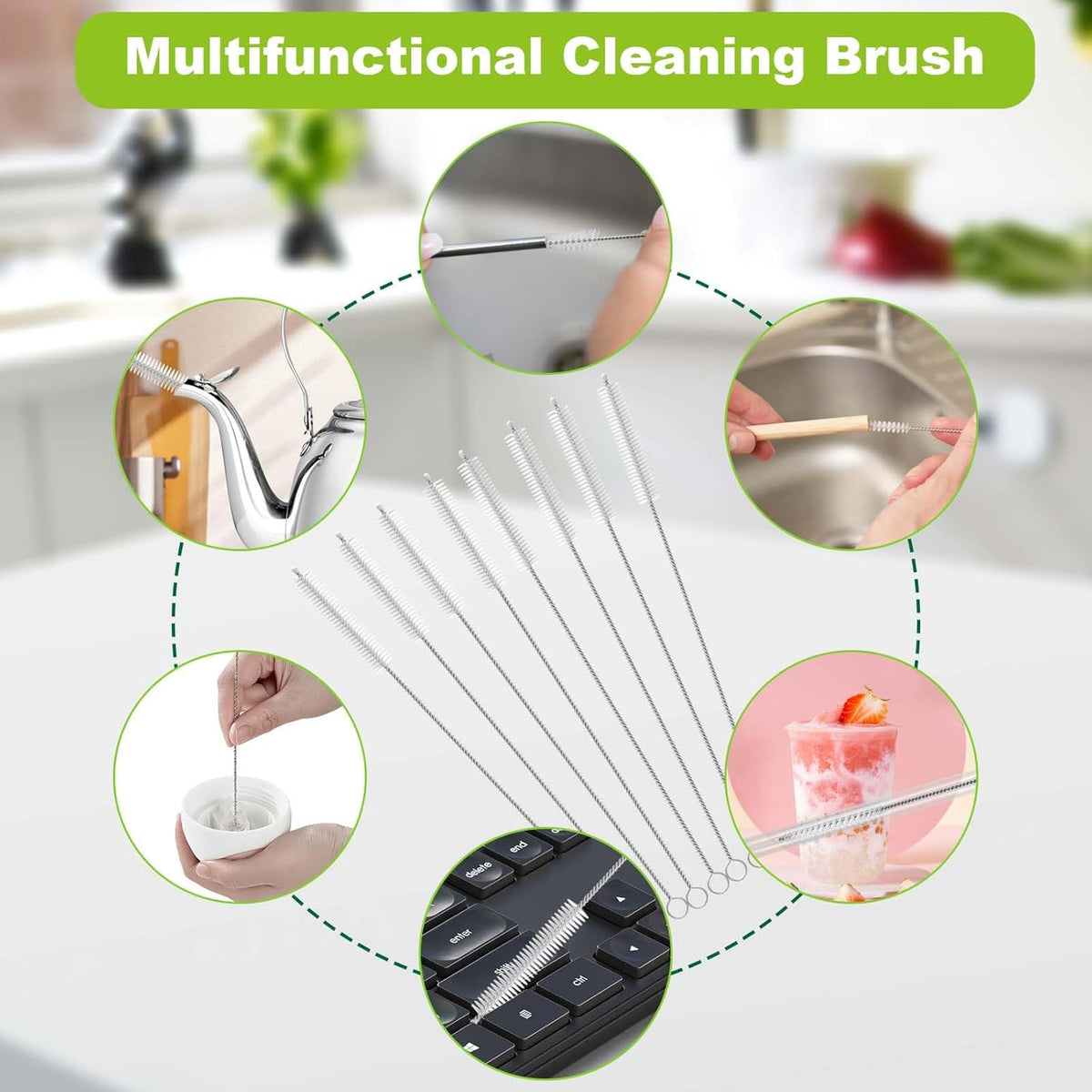 Long Straw Cleaner Brush Set Travel: 8 Pack Straw Brush Cleaner for Cleaning Straws, Stainless Steel & Bendable Nylon Brushes - Durable & Rust Resistant Cleaning Solution for Home and Office