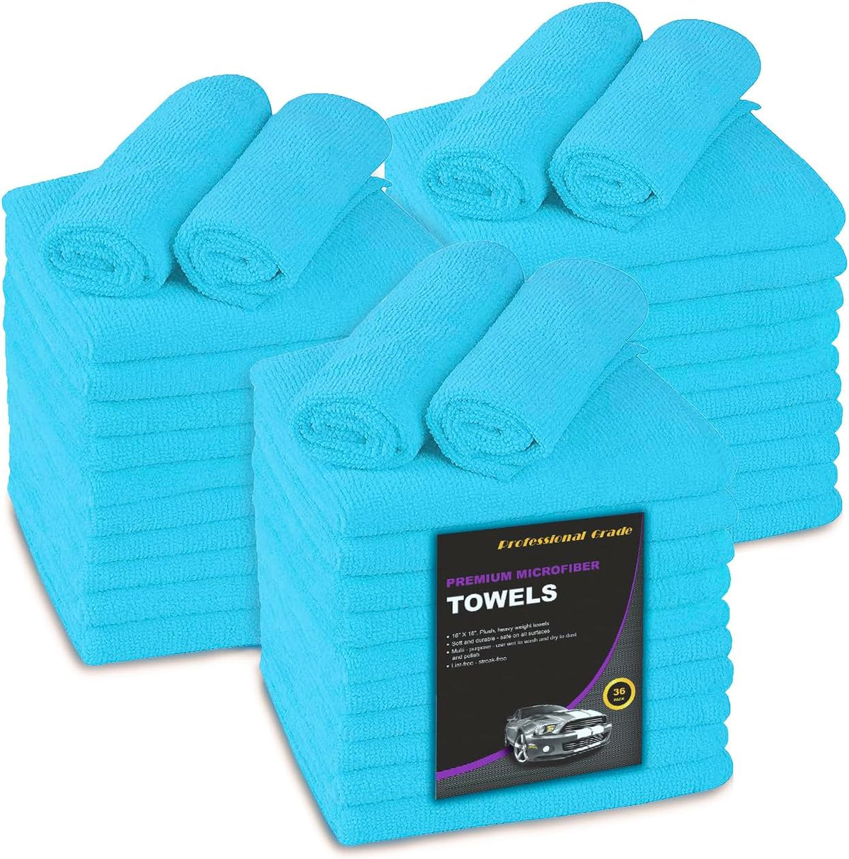 Large Microfiber Cleaning Towels, 36-Pack, Ultra Soft Plush Washcloth Rag, Professional Grade Premium Detailing Cleaning Cloths for Car, Household and Commercial (Sky Blue, 16" X 16")