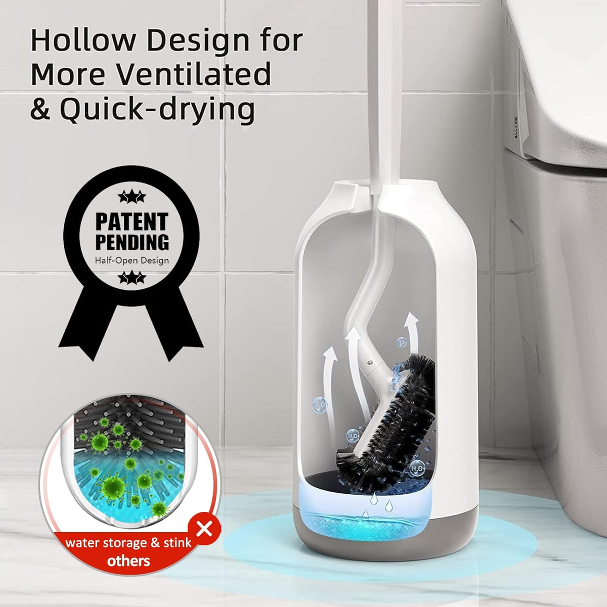 HAMITOR Toilet Bowl Brush Holder Set: 3 Pack Bathroom Deep Cleaning Toilet Cleaner Scrubber Under Rim with Curved Bristle for Dead Corner Clean - Hidden Rv Toilet Decorative Accessories with Caddy