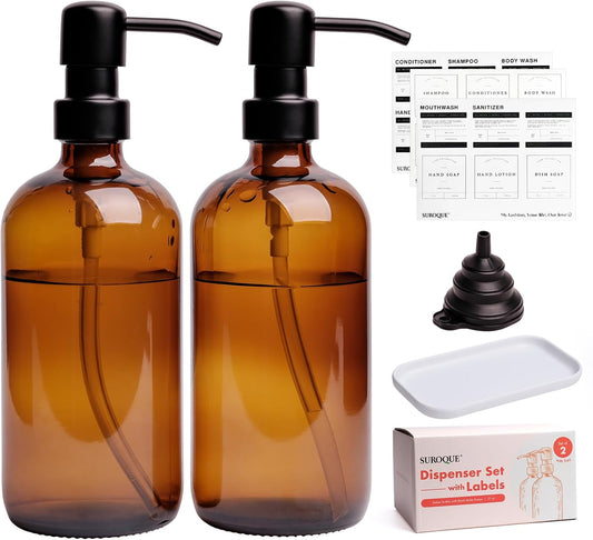Amber Glass Soap Dispenser, 2 Pack Bathroom Kitchen Soap Dispenser Set with Stainless Steel Pump, 16 oz Dish Soap Hand Soap Dispensers