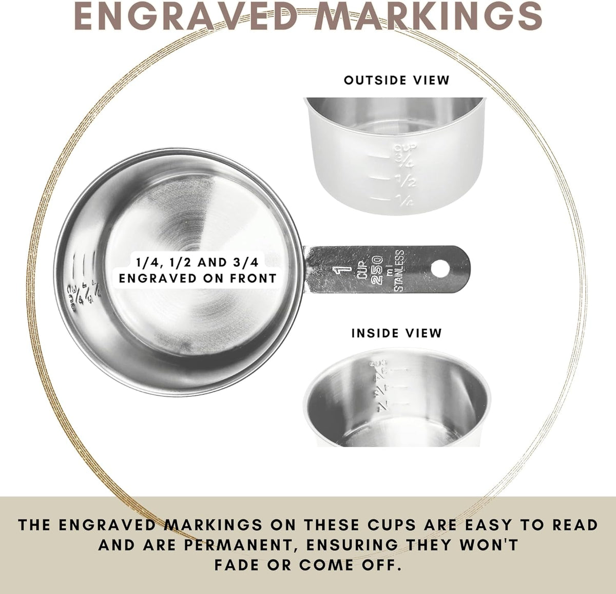 1 Cup Stainless Steel Measuring Cup | Sturdy Metal 250 ml | 240 cc | 8 oz | Single Cup for Wet and Dry Ingredients | Great for use as 1 Cup Dog Food Scoop - 4 PK