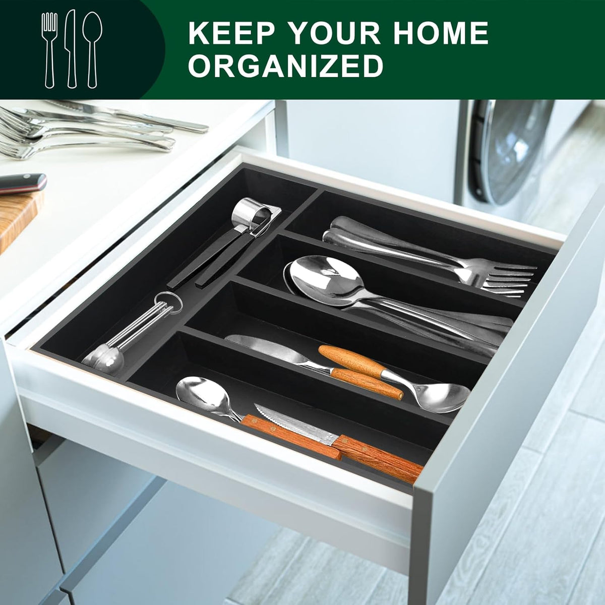 Ayiaren Small Kitchen Silverware Organizer Wooden Utensil Drawer Organizers Narrow Flatware Tray Wood Flatware Organizer for Drawer Spoon Organizer Black Utensil Holder Drawers Bamboo Silverware Tray