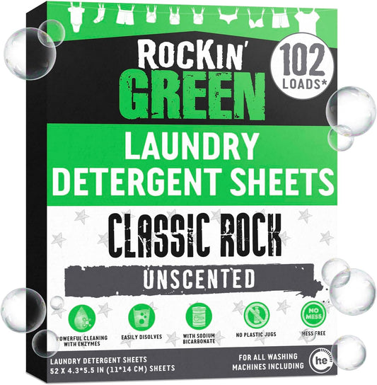 Rockin' Green Travel Laundry Detergent Sheets Unscented - Mess-Free Laundry Sheets Detergent Powerful Cleaning with Sodium Bicarbonate - Easily Dissolvable Laundry Soap Sheet (102 Loads, Unscented)