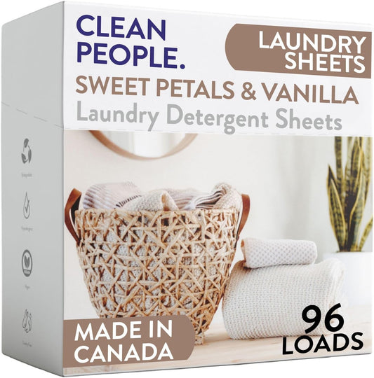 The Clean People Laundry Detergent Sheets - Laundry Soap - Ultra Concentrated, Recyclable Packaging, Stain Fighting - Sweet Petals & Vanilla, 96 Pack