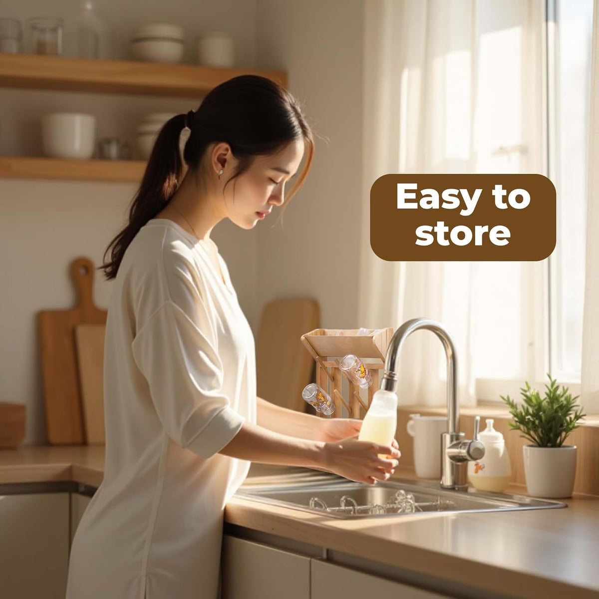 Natural Vertical Bottle Drying Rack Rubber Wood 9 Hooks, Use for Bottles, Cups, Mugs, Glasswine, Space Saving Storage Shelf Bottle Holder Dryer Kitchen