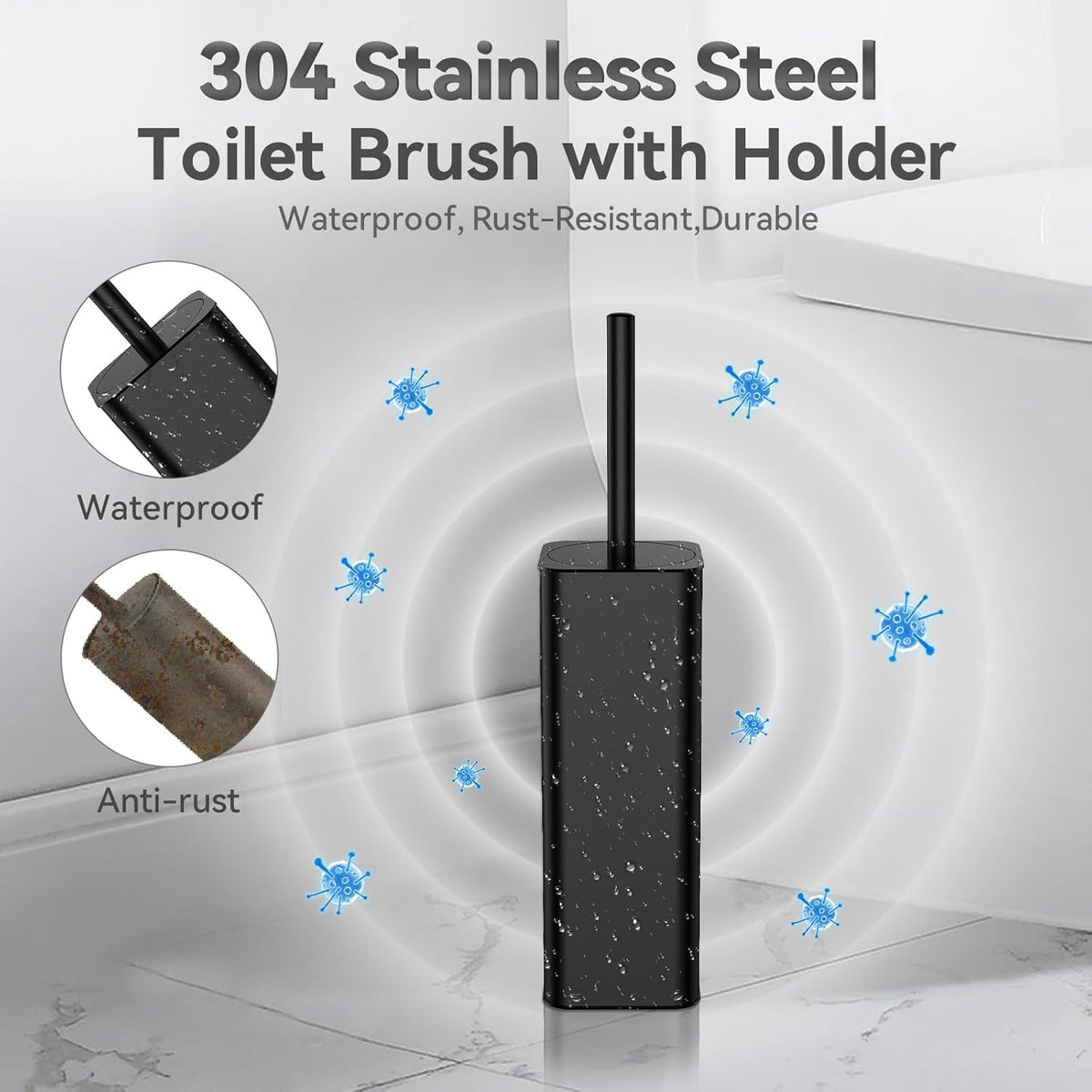 DOWRY Toilet Bowl Brush and Holder for Bathroom Storage Organization Deep Cleaning Covered Brush Cleaner Black Toilet Brush with 2 Brush Holders,Black Square