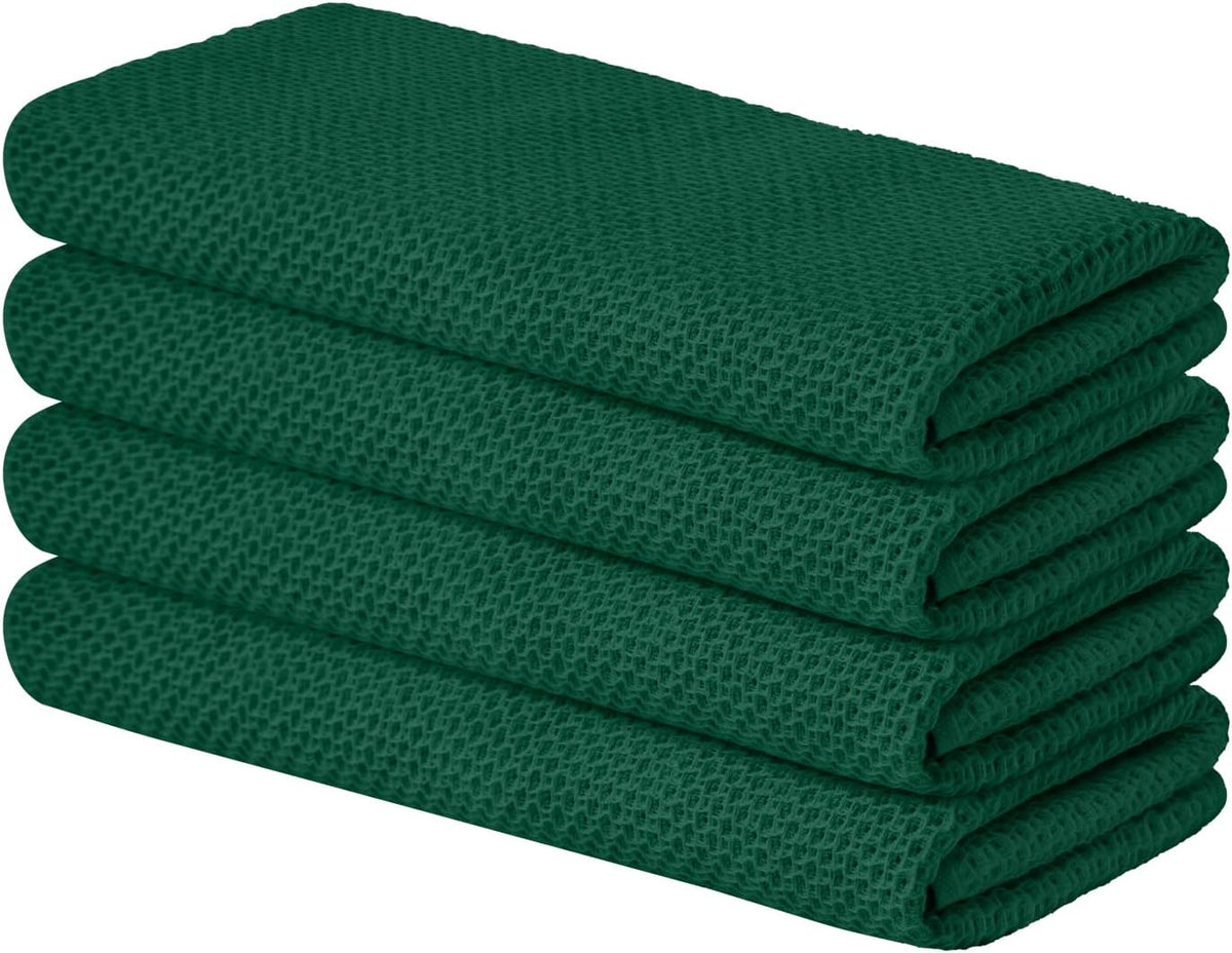 Artoid Mode 100% Cotton Dark Green Waffle Weave Kitchen Dish Cloths, 13x28 Inch Ultra Soft Absorbent Quick Drying Kitchen Dish Towels Set of 4