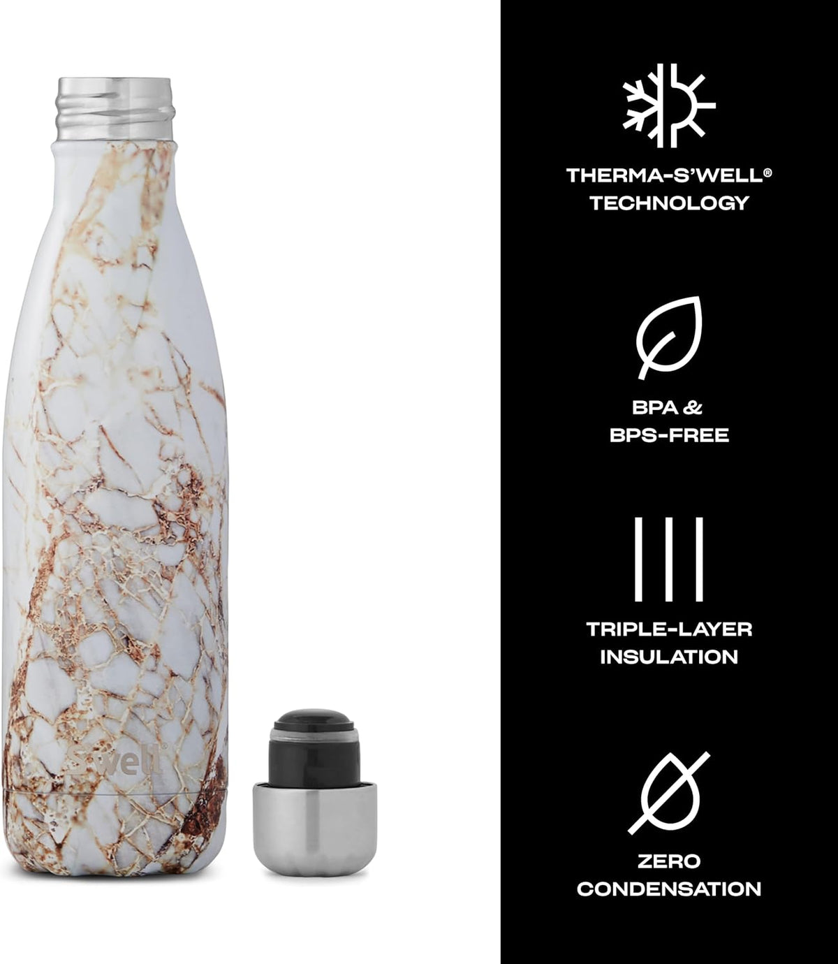 S'well Stainless Steel Water Bottle, 17oz, Calacatta Gold, Triple Layered Vacuum Insulated Containers Keeps Drinks Cold for 36 Hours and Hot for 18, BPA Free, Perfect for On the Go
