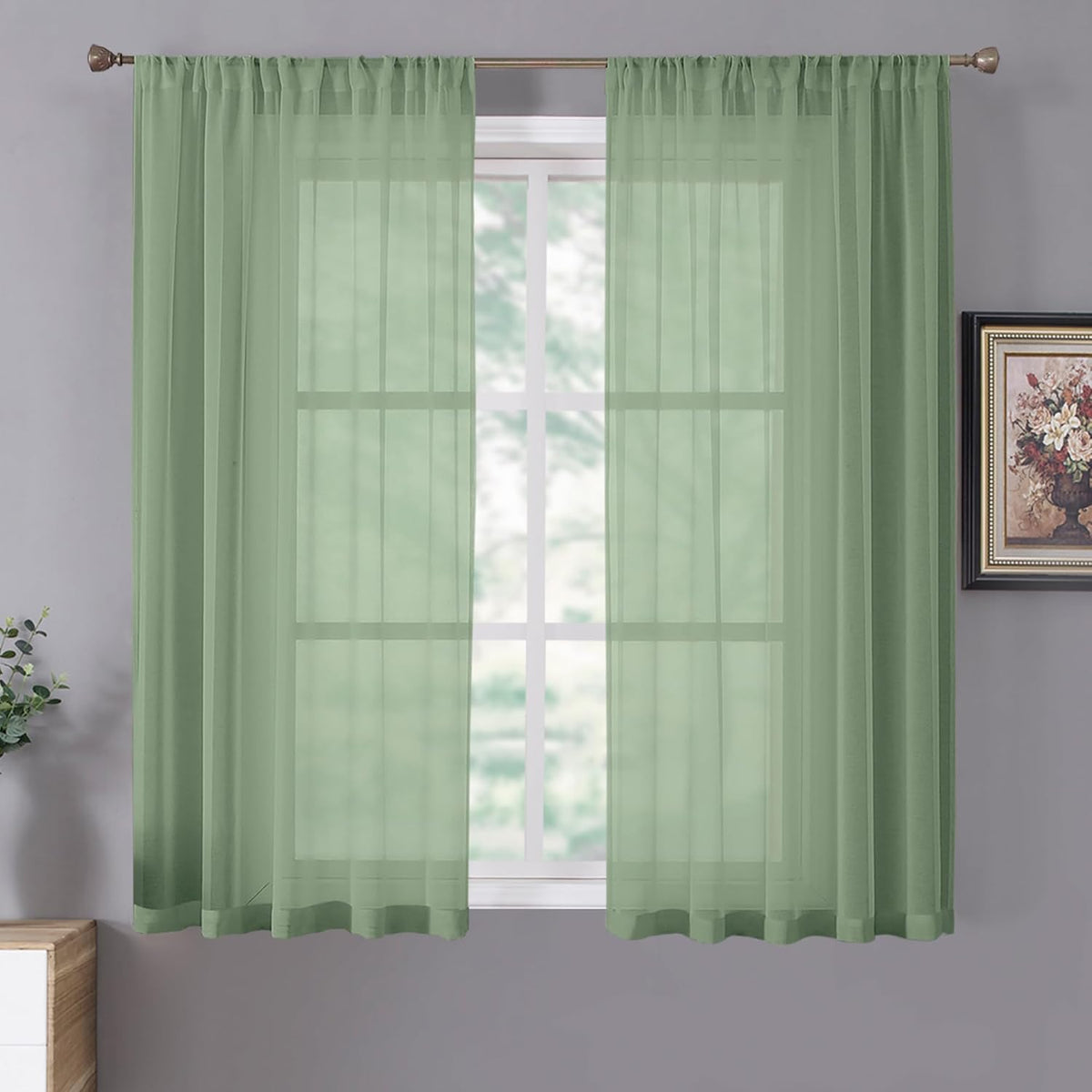 Tollpiz Sheer Curtains Linen Textured Bedroom Curtain Sheers Light Filtering Rod Pocket Voile Curtains for Living Room, 54 x 63 inches Long, Sage Green, Set of 2 Panels