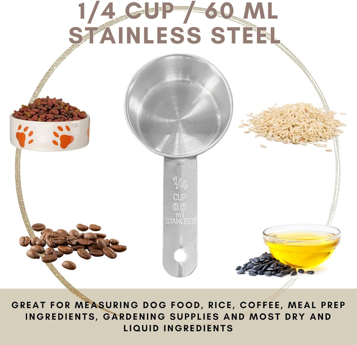 1/4 Cup Stainless Steel Measuring Cup | Sturdy Metal 60 ml | 60 cc | 2 oz | Single Cup for Wet and Dry Ingredients | Great for use as 1/4 Cup Dog Food Scoop - 4 PK