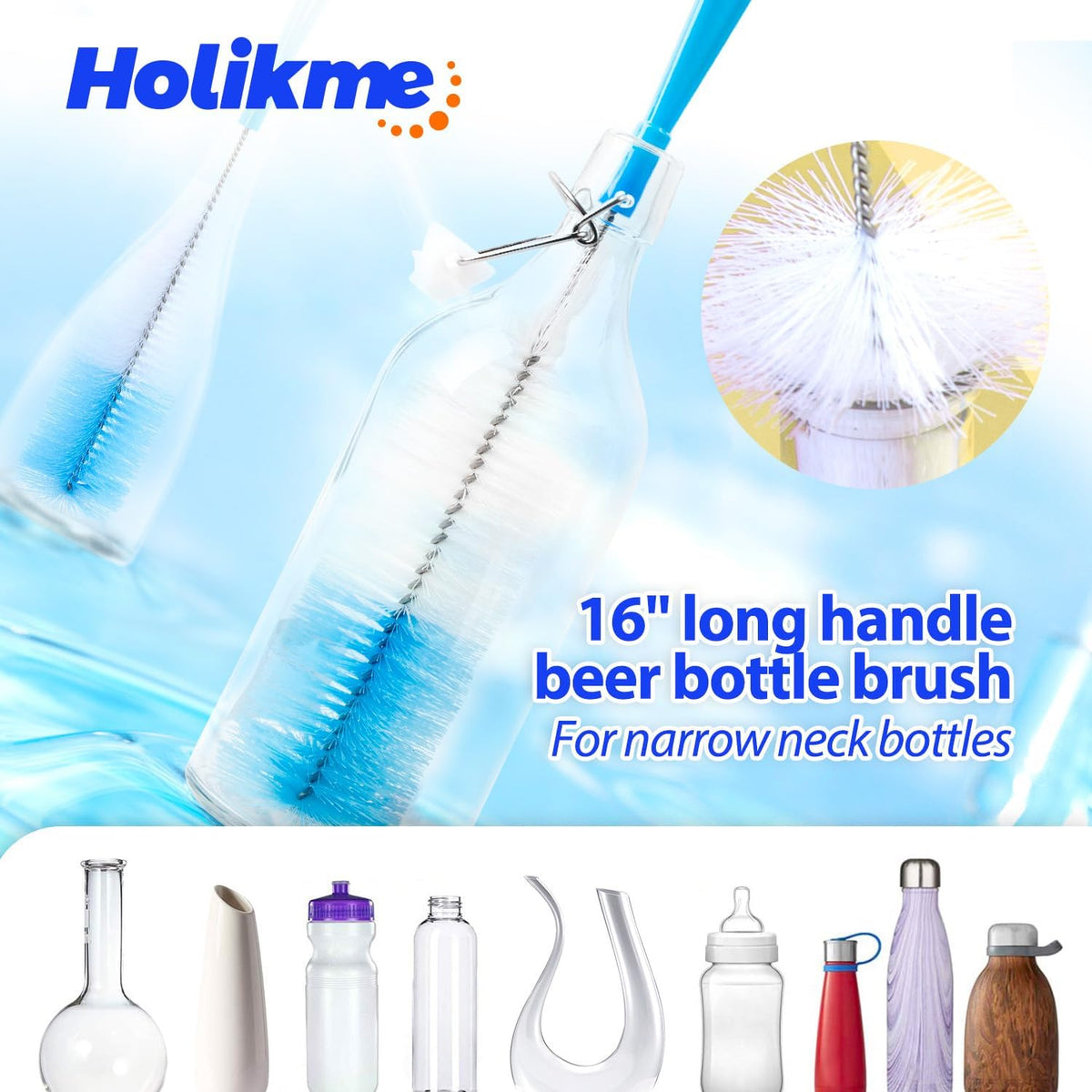 Holikme Bottle Brush Tube Cleaning Lab Set with Long Handle, Cup Cleaner for Washing Narrow Neck Beer Wine Decanter Pipes Lids Sinks Cap Covers, Azul