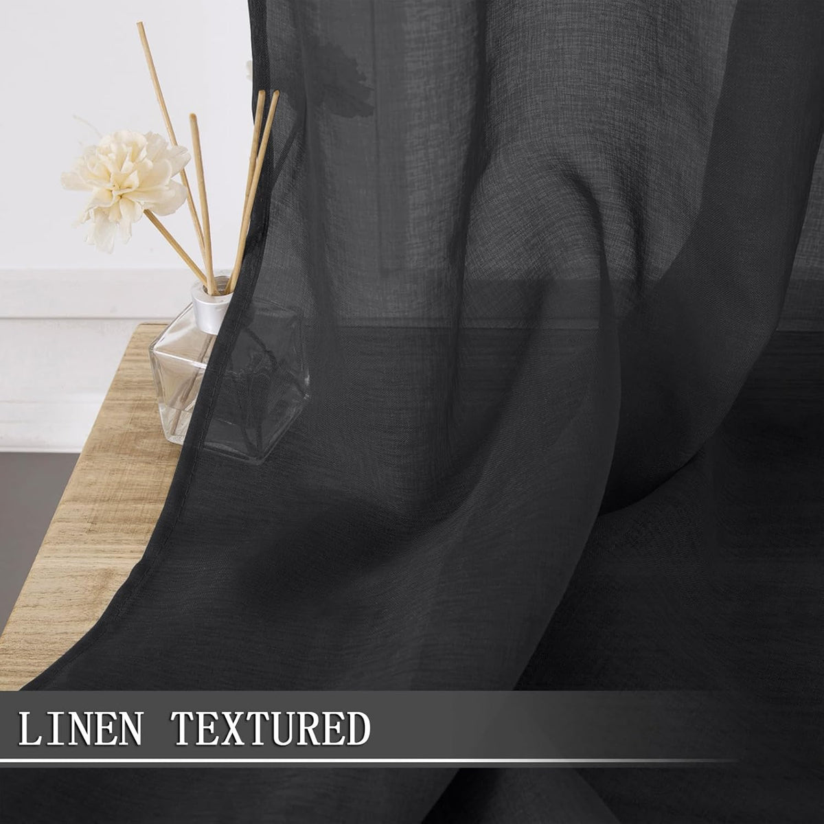 Tollpiz Sheer Curtains Living Room Linen Textured Curtain Sheers Light Filtering Voile Rod Pocket Curtains for Bedroom, 38 x 63 inches Long, Black, Set of 2 Panels