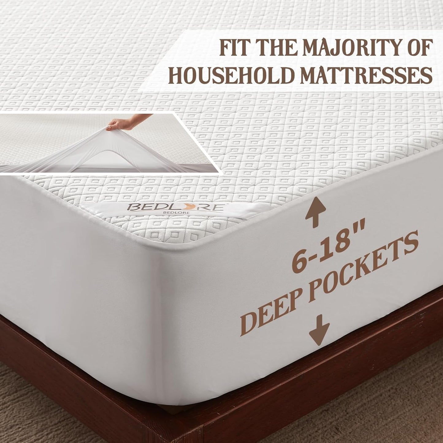 BEDLORE King Mattress Protector, Waterproof Noiseless Mattress Cover with Deep Pocket for 6-18 inches Mattress, Soft Breathable Mattress Pad Machine Washable (White)