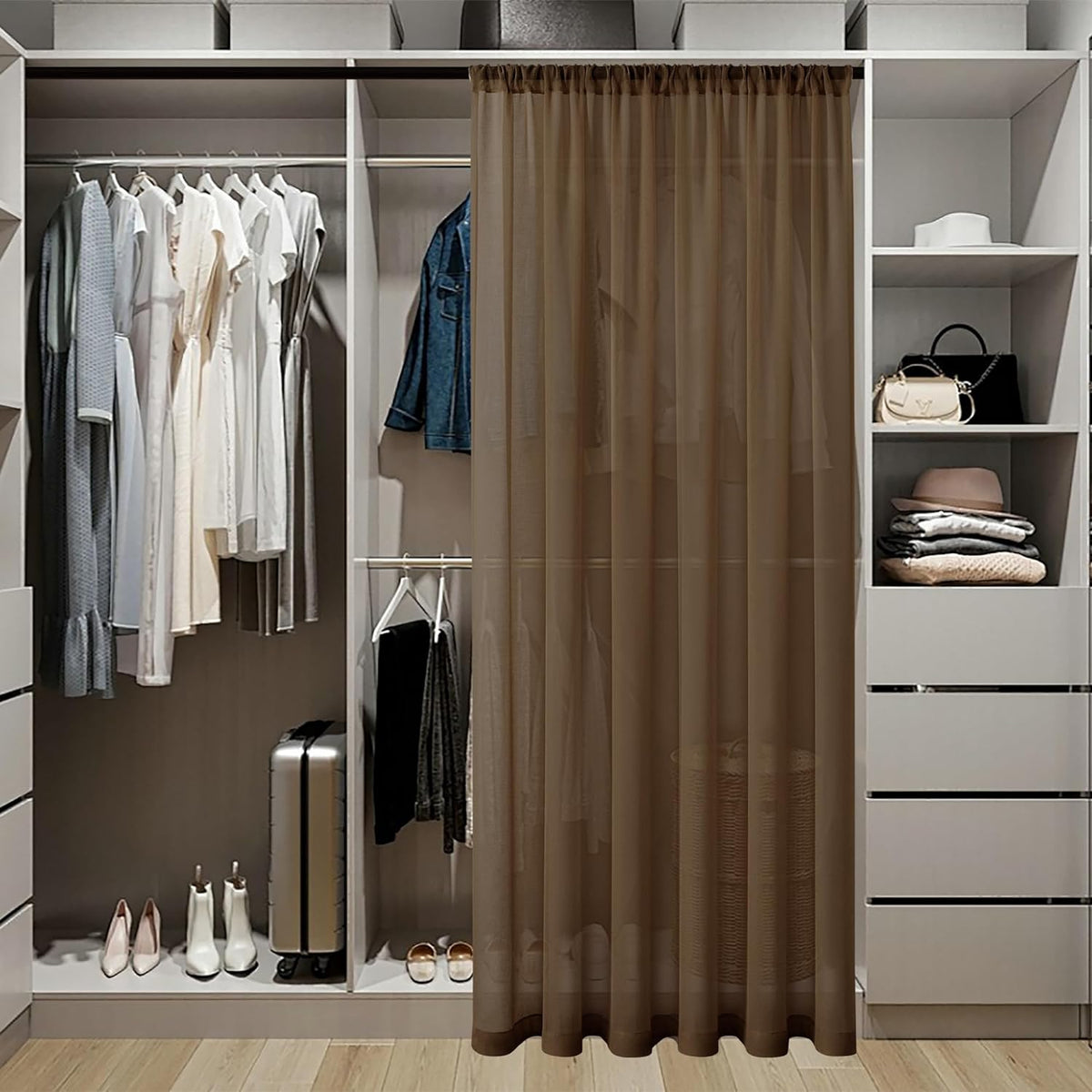 Tollpiz Sheer Door Curtains Closet Linen Textured Curtains Sheer Doorway Light Filtering Voile Rod French Door Pocket Curtain Patio Glass Door, 25 x 72 inches Long, Brown, Set of 1 Panel