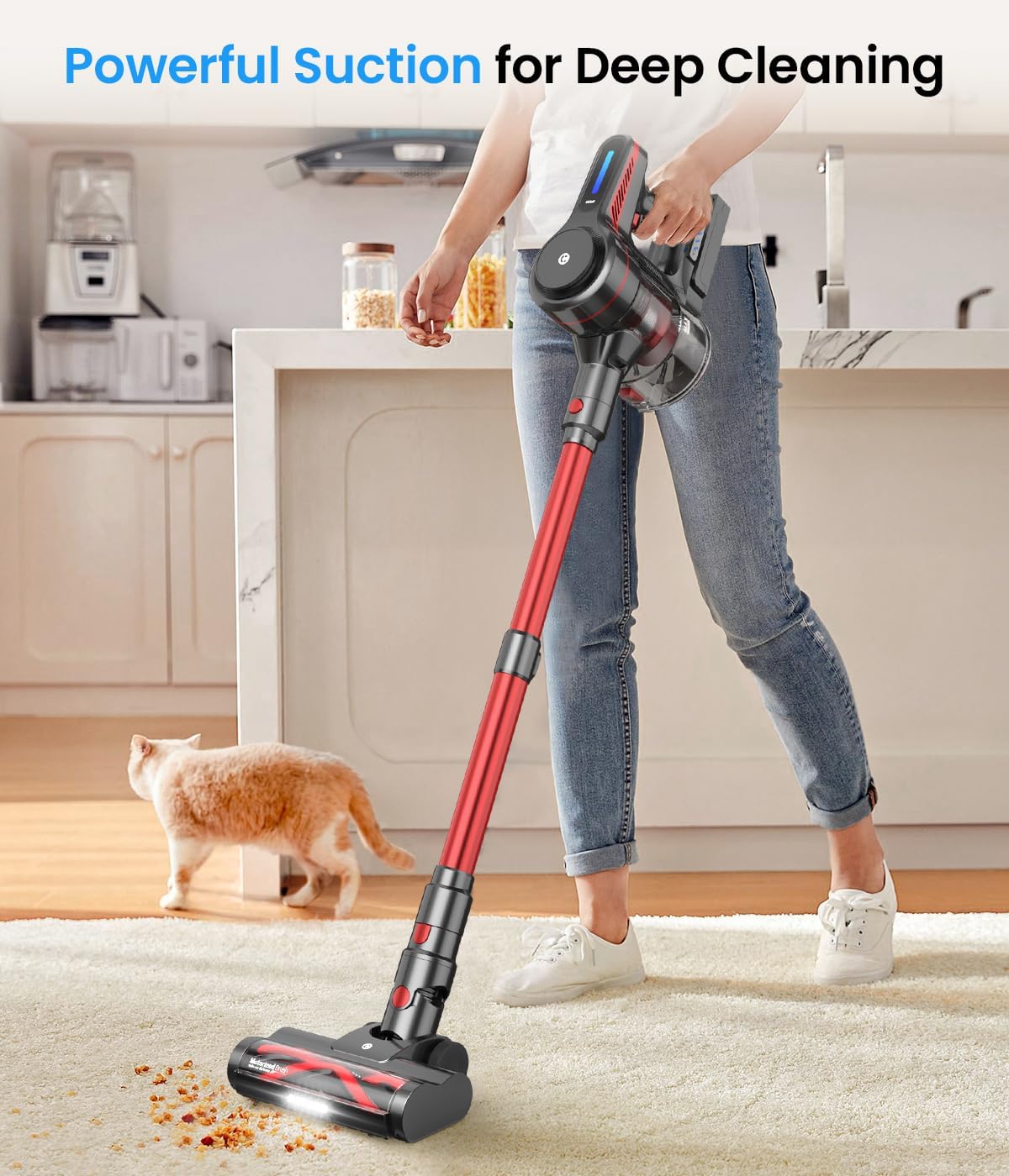 Cordless Vacuum Cleaner, Stick Vacuum with Powerful Suction, 45Mins Runtime Vacuum Cleaners for Home, Anti-tangle and 1.5L Dust Cup, 6 in 1 Lightweight Vacuum for Hardwood Floor Carpet Pet Hair