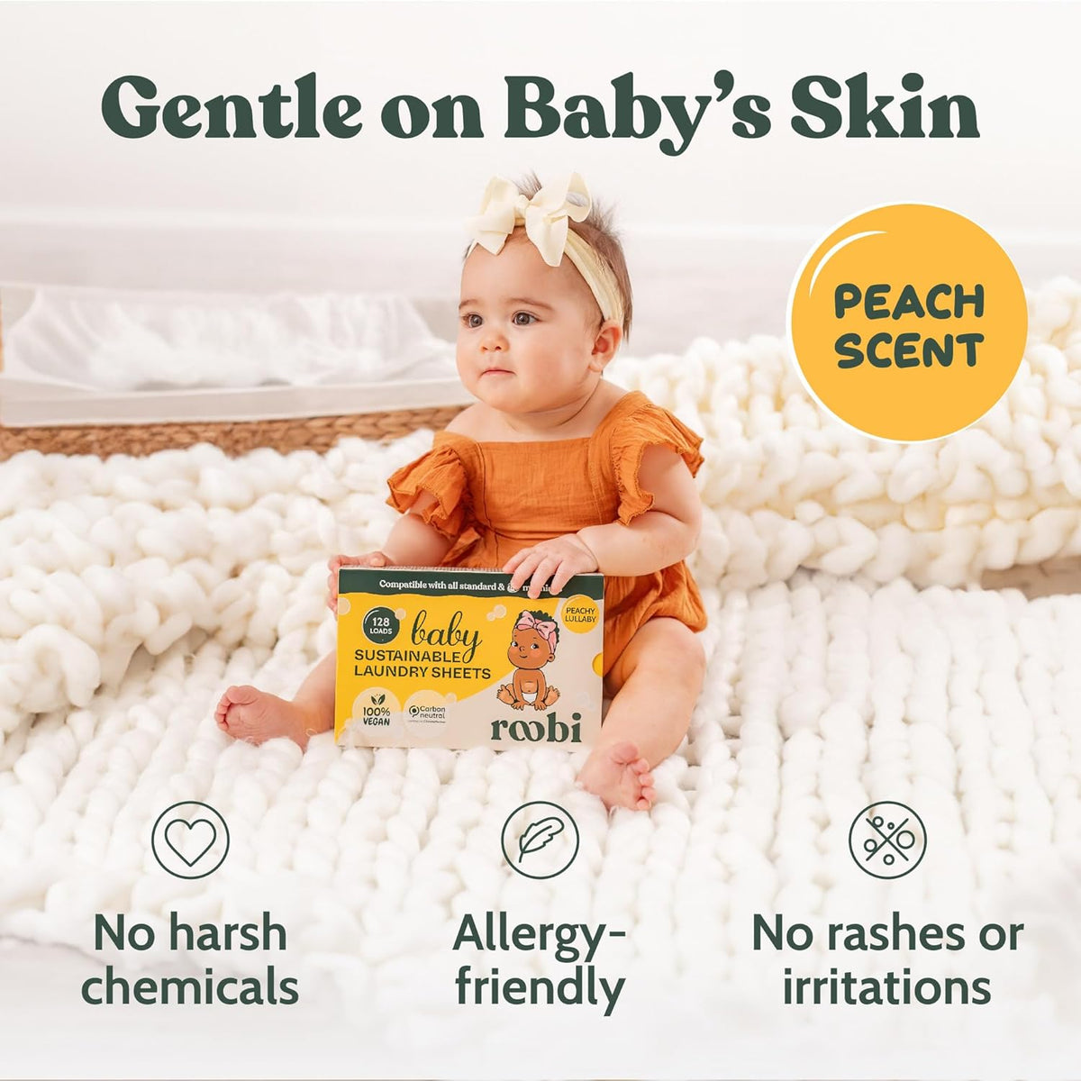 Roobi Baby Laundry Detergent Sheets. Specially Formulated for Sensitive Skin. Newborns, Infants & Toddlers Clothes. Peachy Lullaby Scent. Up to 128 Loads