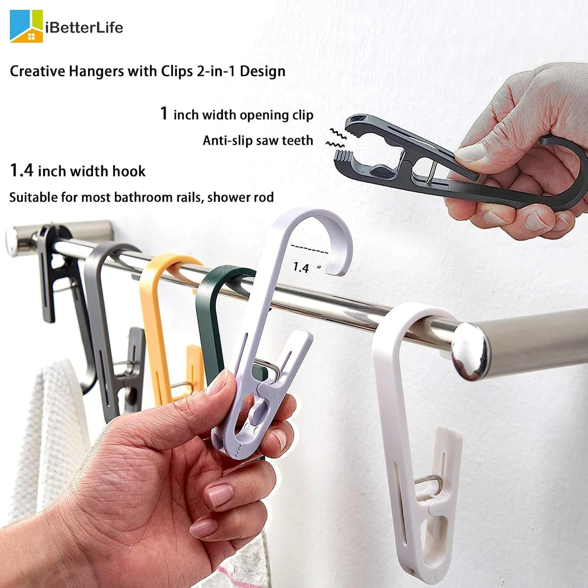 iBetterLife Laundry Hooks Hanging Clips - 8Pcs Heavy Duty Outdoor Clothes Pins, Closet Organizer Single Clip Hangers Clamps Socks Boot Bras Underwear Kids Towels for Bathroom Wardrobe Kitchen Office
