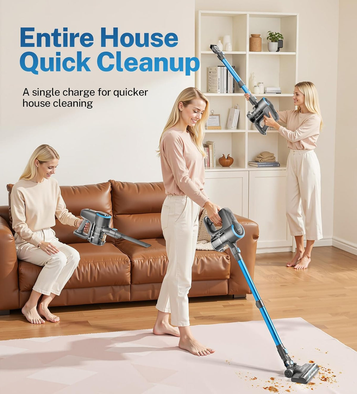 DEVOAC Cordless Vacuum Cleaner, Ultra-Lightweight Stick Vacuum, 2200mAh Battery Up to 40mins Runtime, 6 in 1 Powerful Handheld Vacuum for Home Hard Floor Carpet Pet Hair (Sea Blue)