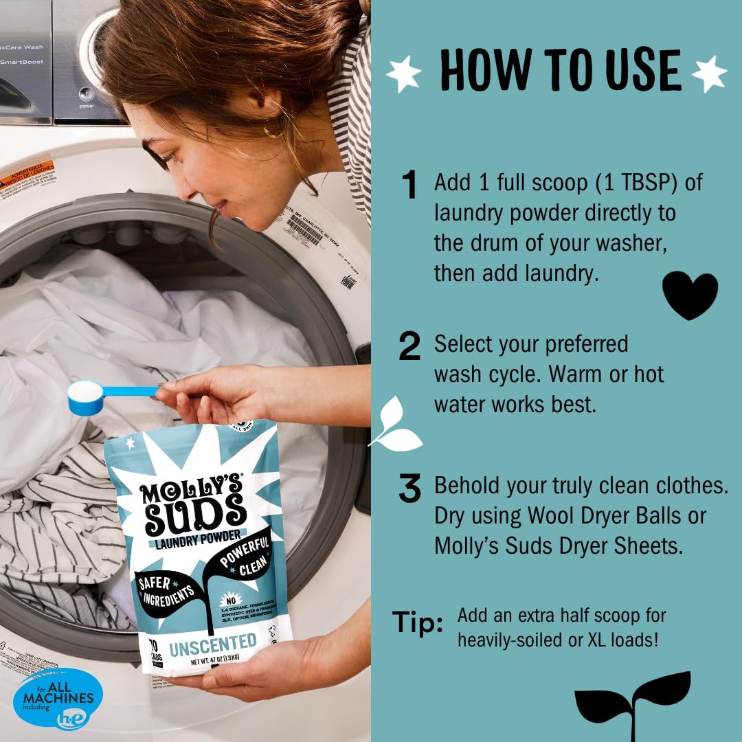 Molly's Suds Original Laundry Detergent Powder | Clean Laundry Detergent Powder for Sensitive Skin | Simple, Effective Ingredients, Stain Fighting | 70 Loads (Unscented)