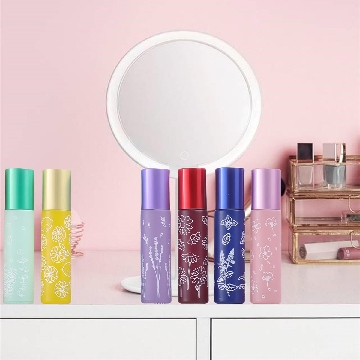 10 Pcs Pink Glass Essential Oil Roller Bottles, 10ml Refillable Roll-on Bottles with Stainless Steel Roller Balls for Travel, Aromatherapy, Lip Balms