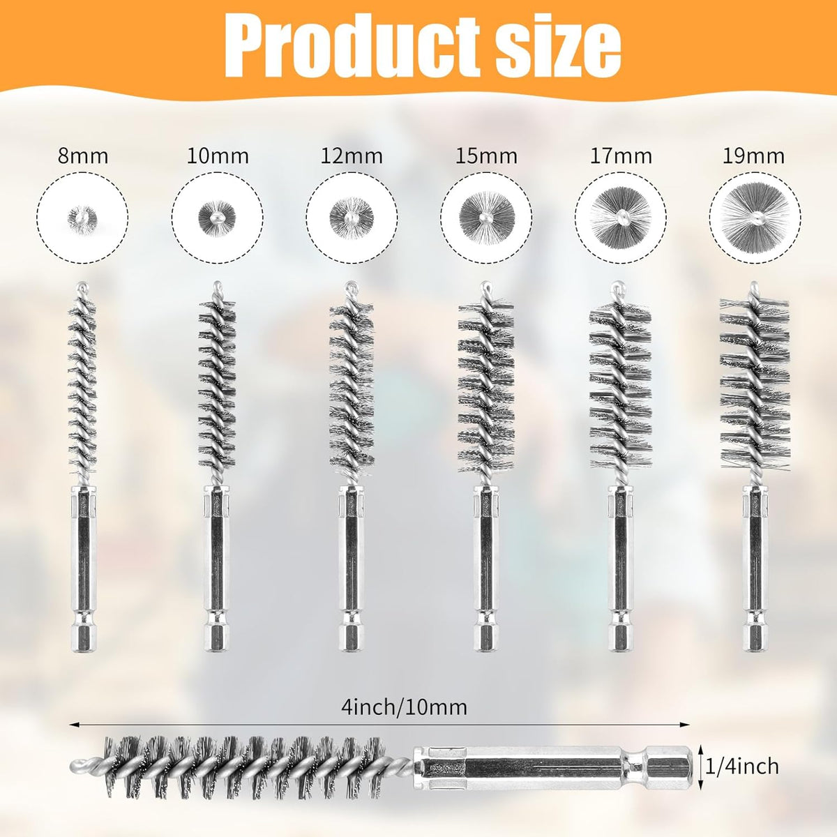6Pieces Wire Brush Drill Bore Cleaning Brushes Set,with 1/4 Inch Hex Shank Stainless Steel Wire Twisted Brush for Rust, Cleaning Tubes (8/10/12/15/17/19MM) ﻿