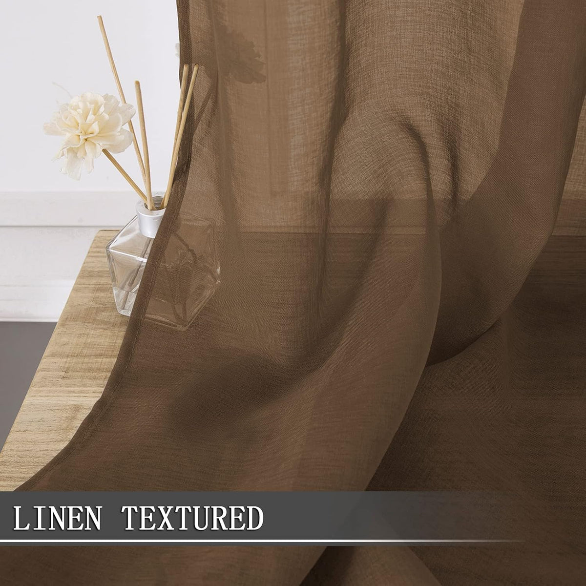 Tollpiz Sheer Curtains Linen Textured Bedroom Curtain Sheers Light Filtering Rod Pocket Voile Curtains for Living Room, 54 x 84 inches Long, Brown, Set of 2 Panels