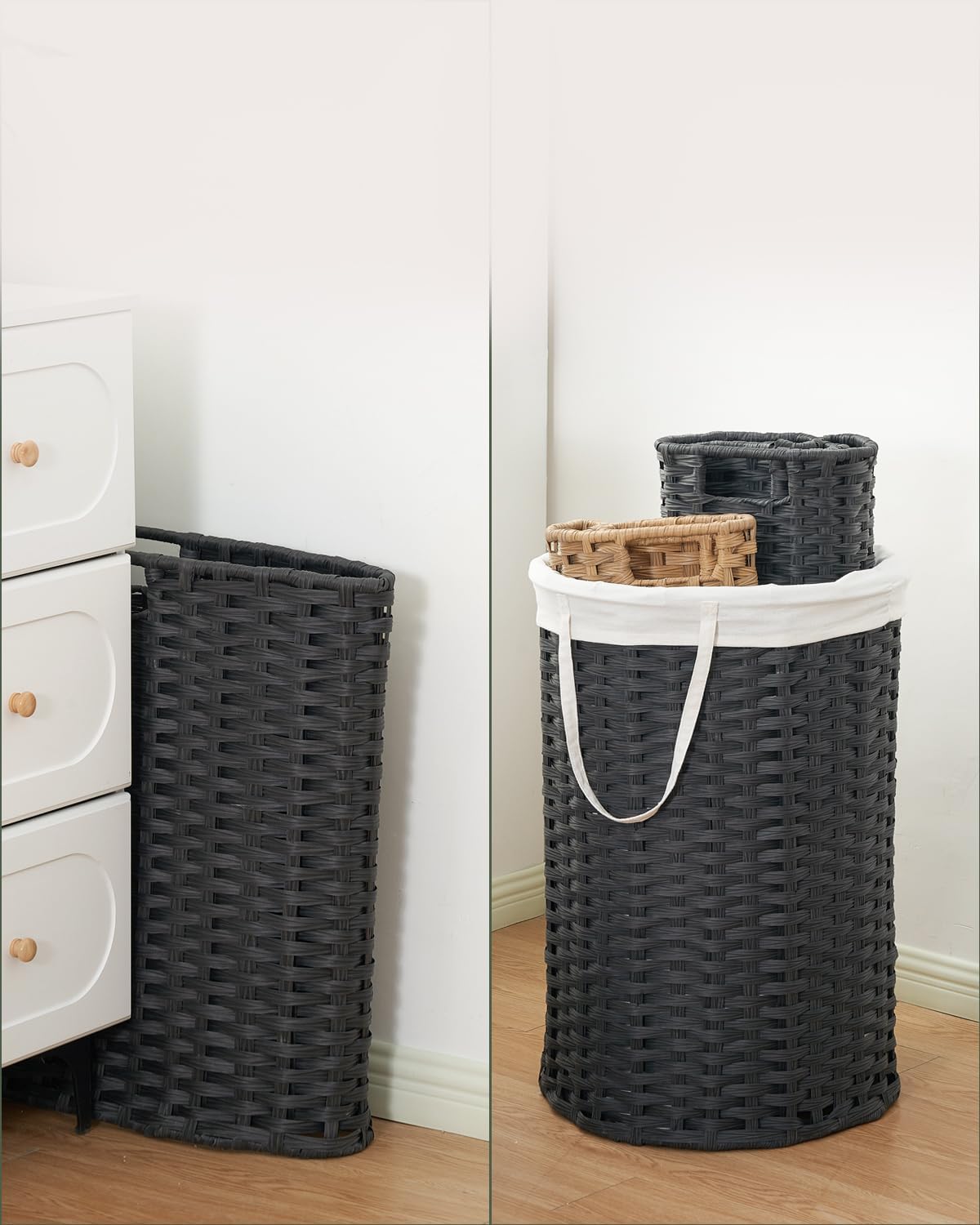 Laundry Basket with Lid Round Rattan Laundry Hamper with Lid and Handles 29.1 Gal (110 L) Handwoven Woven Basket with Removable Bags and 2 Mesh Bags for Bathroom Living Room Black