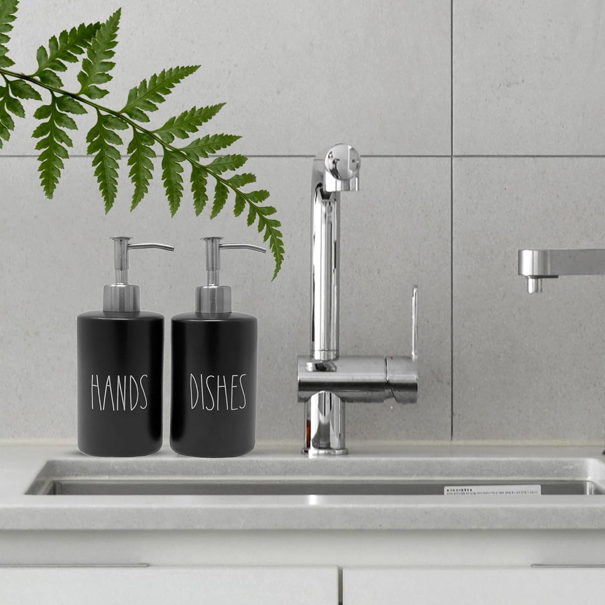 Modern Farmhouse Ceramic Dishes and Hands Soap Dispenser Set for Kitchen | Stainless Steel Pumps | 14oz, Black Bottles | Kitchen Décor for Counter