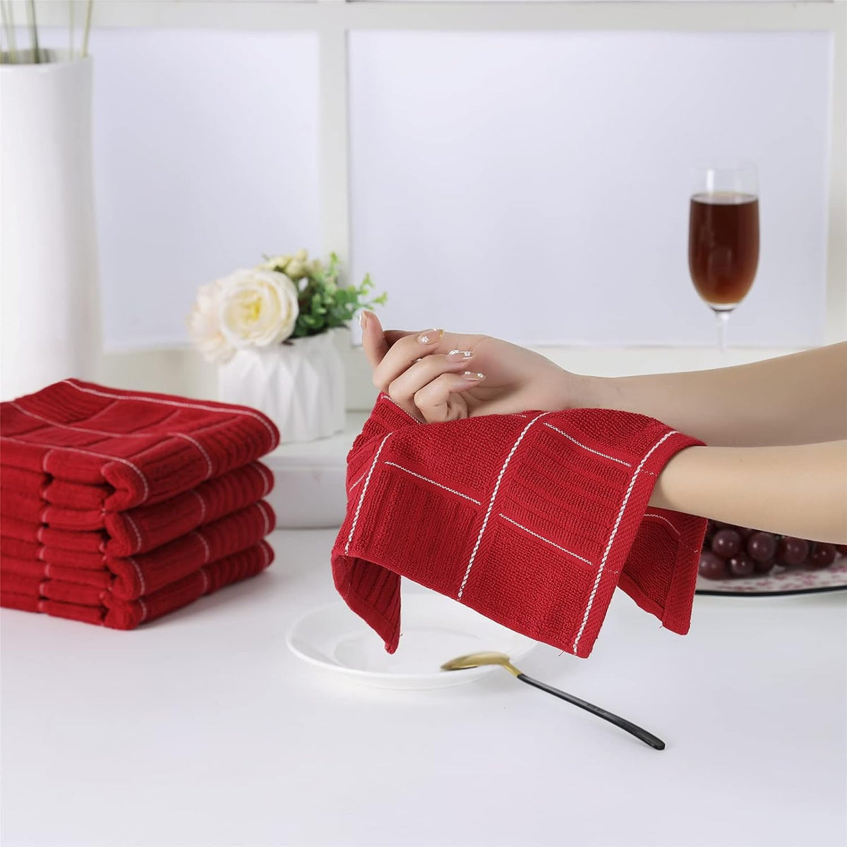 Glynniss Red Kitchen Towels and Dishcloths Set, Dish Towels and Dish Rags Set for Washing Dishes, Cleaning and Drying Pack of 8 (red)