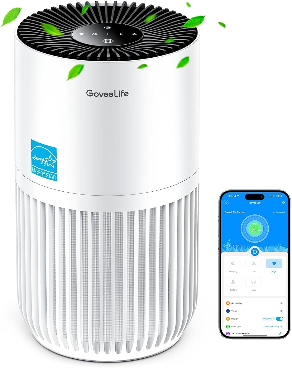 GoveeLife Mini Air Purifier for Bedroom, Smart Filter Air Purifier with App Alexa Control for Pet Hair, Odors, Pollen, Smoke, Portable Air Cleaner with 3 Speeds, 2 Modes, Timer, Aroma for Home
