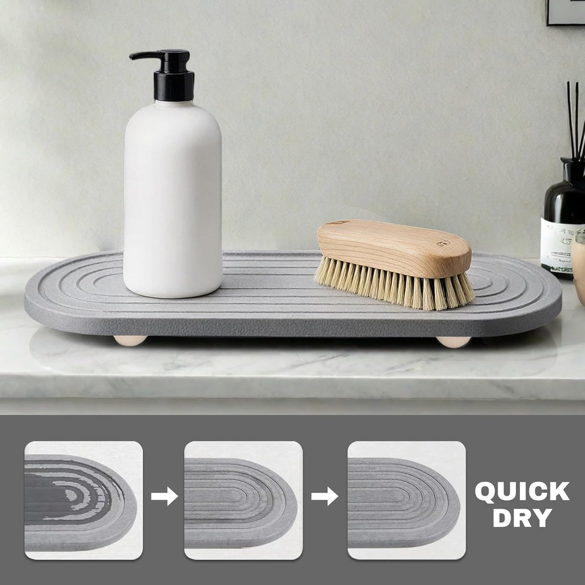 Instant Dry Sink Caddy Organizer, Fast Drying Sink Caddy, Water Absorbing Stone Sponge Holder for Kitchen and Bathroom Countertop with Natural Loofah and Wooden Feet