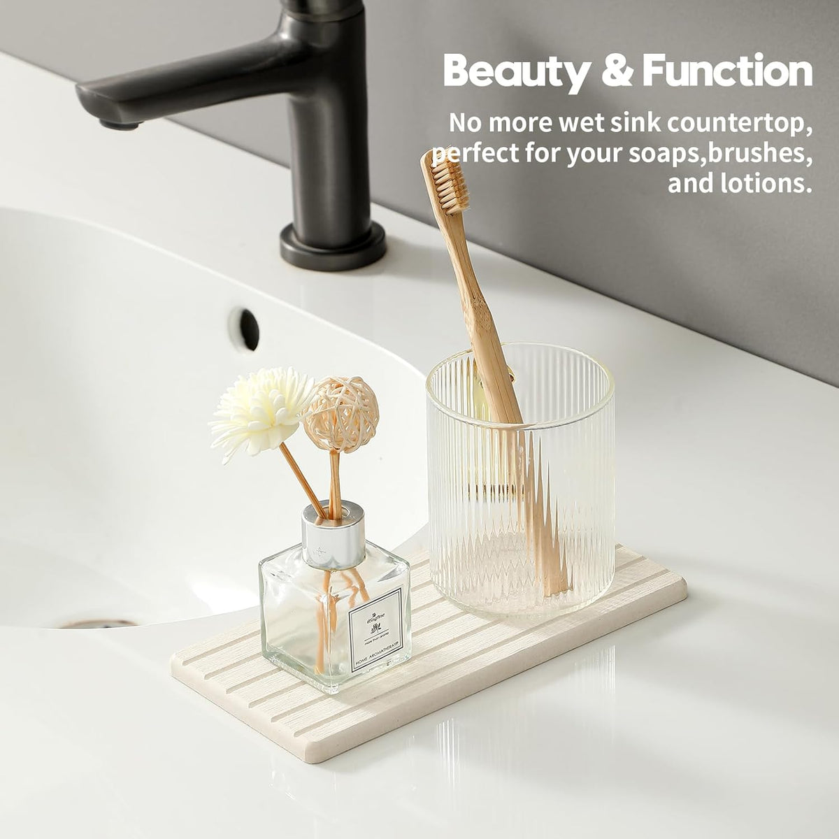 2 Pack Greige Bathroom Sink Vanity Trays, Diatomite Stone Kitchen Counter Caddy Dish Soap Dispenser Sponge Holder, Water Absorbing Mat Organizer for Plant,Cosmetic Bottle, Beige, 8"x3.8"
