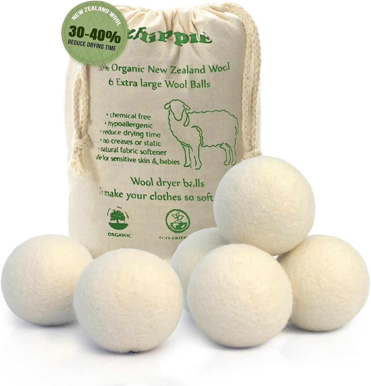 Ezhippie Quality Wool Dryer Balls - 6 XL Pack - 1000+ Loads - Pure Organic Wool - Reusable Natural Fabric Softener Perfect with Essential Oils, Reduce Clothing Static and Wrinkles