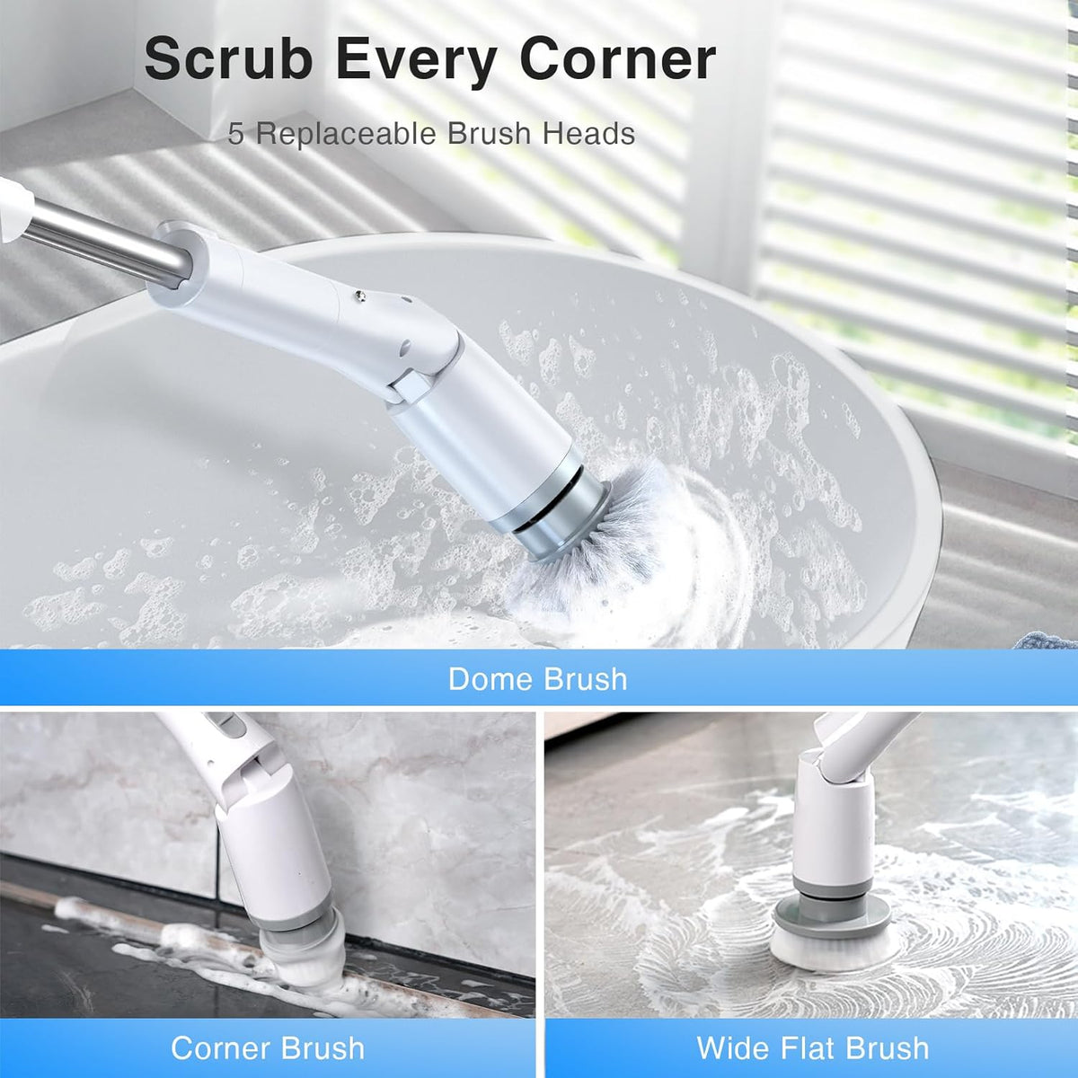 LABIGO Electric Spin Scrubber LA3 Pro, Cordless Bathroom Scrubber with 5 Replacement Head, 3 Adjustable Angle, Household Power Cleaning Brush with Extension Arm for Bathtub Window Car Grout Tile Floor