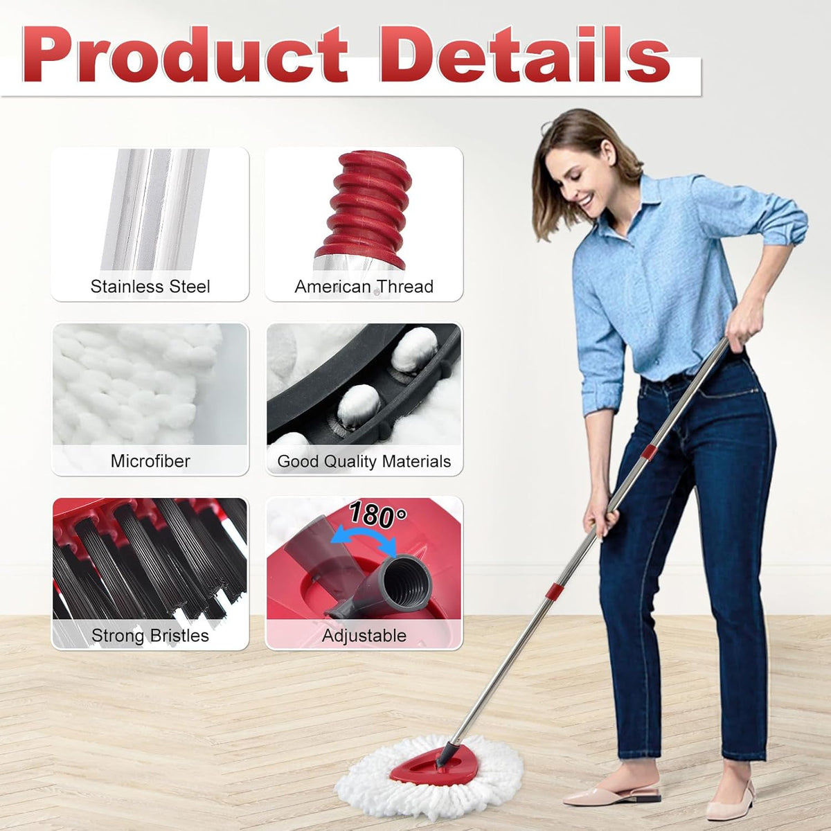 Mop Head Replacement, Base, Mop Handle for Ocedar EasyWring 1-Tank System, 2 Microfiber Mop Refills, Extendable Length 30-59" Mop Handle, Base and Scrubber for All Hard-surfaced Floor