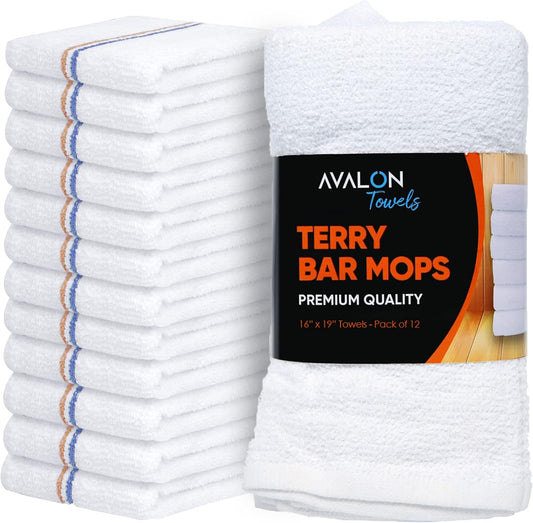 Avalon Towels Terry Bar Mop Towels (Value Pack of 12) Size 16"x19" – Absorbent and Durable, Multipurpose Cleaning Rags, Cotton Cleaning Cloths, Terry Cloth Rags, Reusable Shop Rag