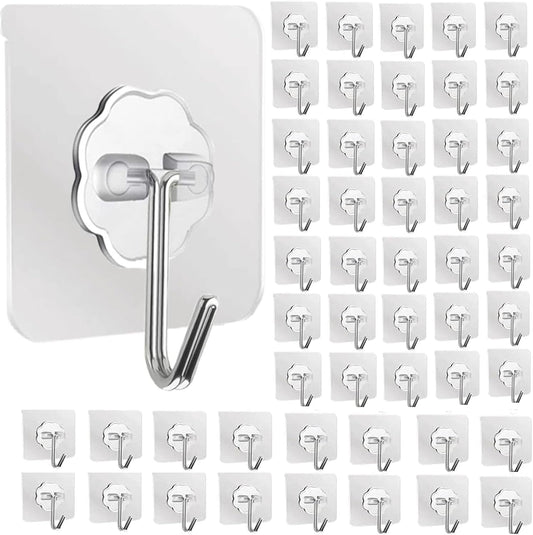 DDMY Hooks for Hanging, 50 Pack Wall Hooks 50lb(Max) Transparent Reusable Waterproof Adhesive Hook for Kitchen Curtain, Towel Hook for Bathrooms, Heavy Duty Self Coat Hook for Walls No Damage