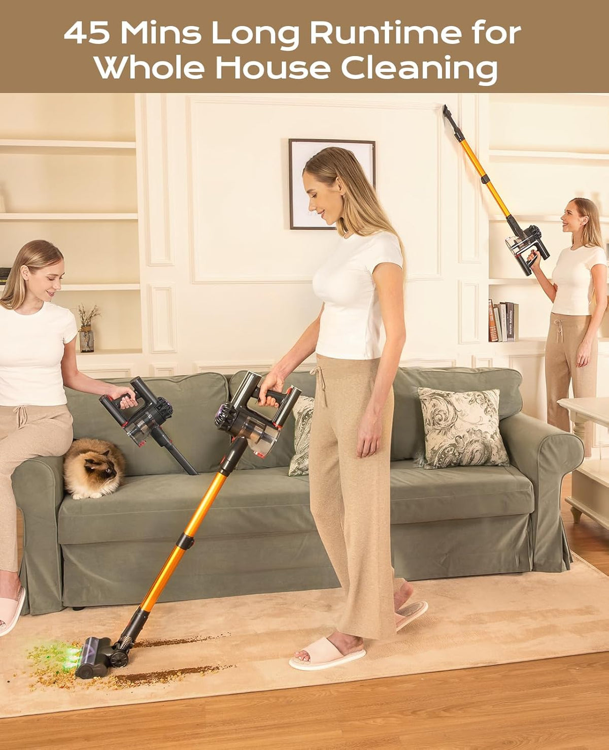 V15 Cordless Vacuum Cleaner, 45Mins Powerful Vacuum Cleaners for Home, Lightweight Stick Vacuum with Advanced Green Light Tech, Rechargeable Battery Vacuum for Carpet,Pet Hair,Hardwood Floor