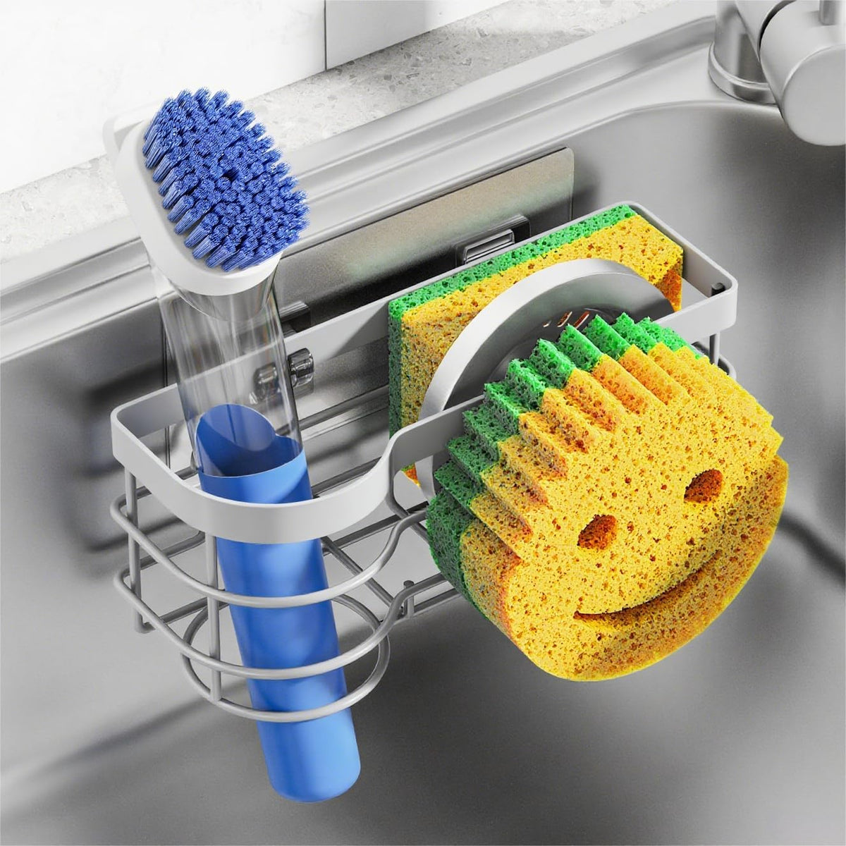 Cisily Grey Smiley Sponge Holder for Kitchen Sink Caddy, Stainless Steel Brush Holder Dish Cloth Hanger, Suction Cup Sink Organizer Scrubber