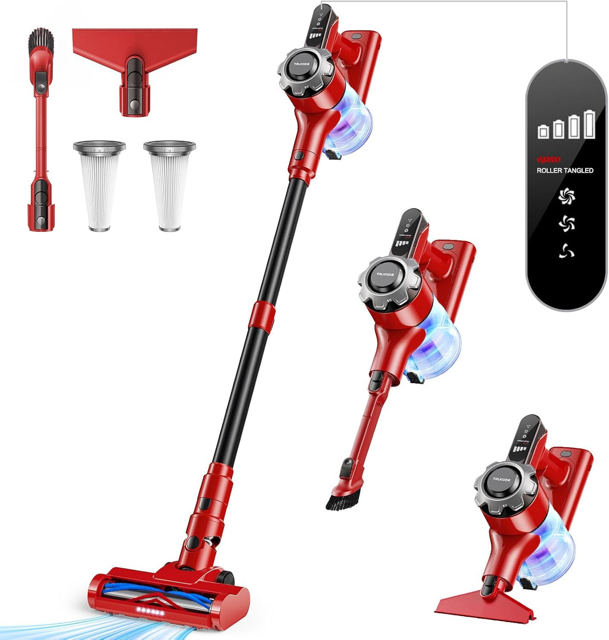 Trucozie Cordless Vacuum Cleaner, 8-in-1 Lightweight Stick Vacuum with 45mins Runtime, Powerful Suction, Rechargeable Cordless Vacuum for Carpet, Tile, Pet Hair, Hardwood Floors, Red