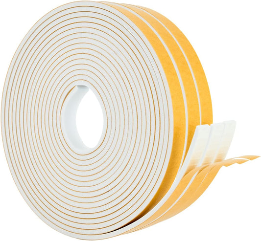 High Density Foam Weather Stripping Door Seal Strip Insulation Tape Roll for Insulating Door Frame, Window, Air Conditioner | Self Adhesive Sealing Weatherstrip (White, 1/4 in 1/8 in 50 Ft)