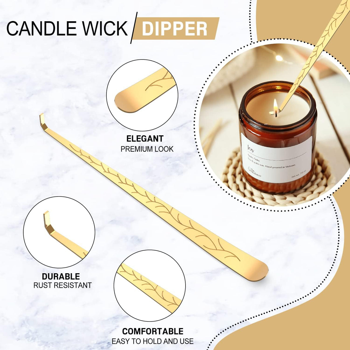 5 in 1 Candle Accessory Set,Candle Wick Trimmer Cutter,Candle Wick Dipper,Candle Wick Snuffer,Rechargeable Candle Lighter,Tweezers,Stainless Steel Candle Care Kit Home Gift for Aromatherapy(Gold)
