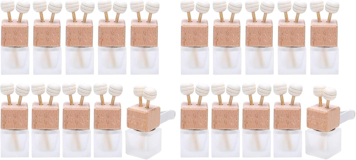 20 Pack,8ml Matte Glass Car Air Freshener Perfume Clip Diffuser,Empty Essential Oil Perfume Vials Diffuser Vent Outlet,Thick Glass Ornament with Wooden Caps,Free Funnel,Dropper