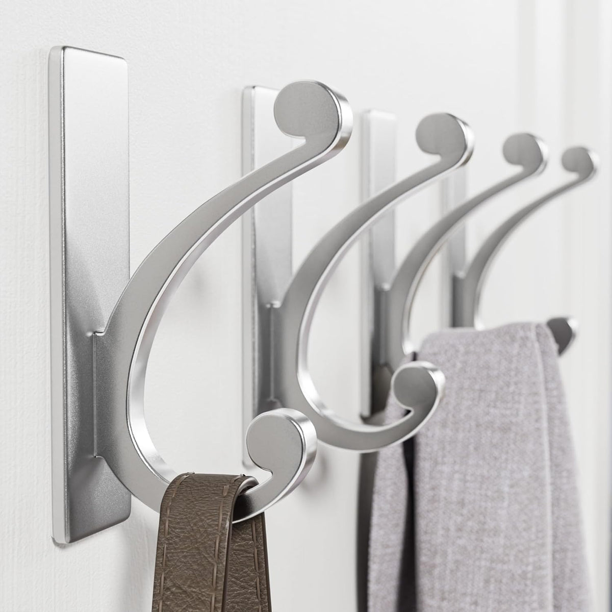 Adhesive Wall Hook for Towel/Coat - Extra Sticky 10LB Stainless, Stick on Hanger for Bath or Shower, Matt Silver 4-Pack