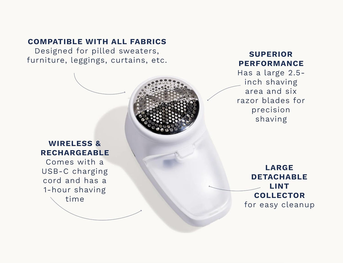 Nori Trim Fabric Shaver - Lint Remover for Clothes & Furniture Couch Pilling - Sweater Pill Remover - Clothes Shaver with 6 Precision Blades - Wireless and Rechargeable - White