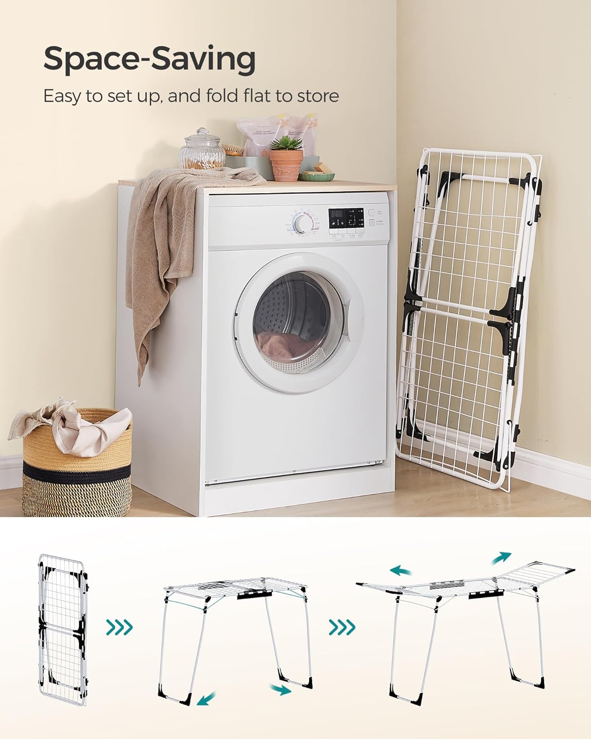 SONGMICS Clothes Drying Rack Foldable, Gullwing Laundry Drying Rack, Space-Saving, 22.2 x 68.1 x 38 Inches, Sock Clips, Metal Structure, for Clothes, Towels, Linens, Indoor, Outdoor White ULLR518W01